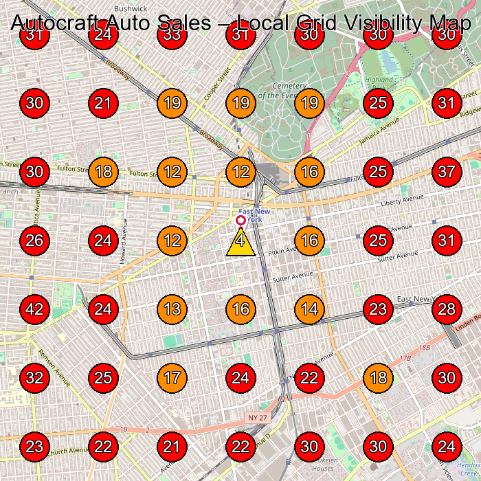 Autocraft Auto Sales GeoGrid visibility map for Used Car Dealer in Brooklyn